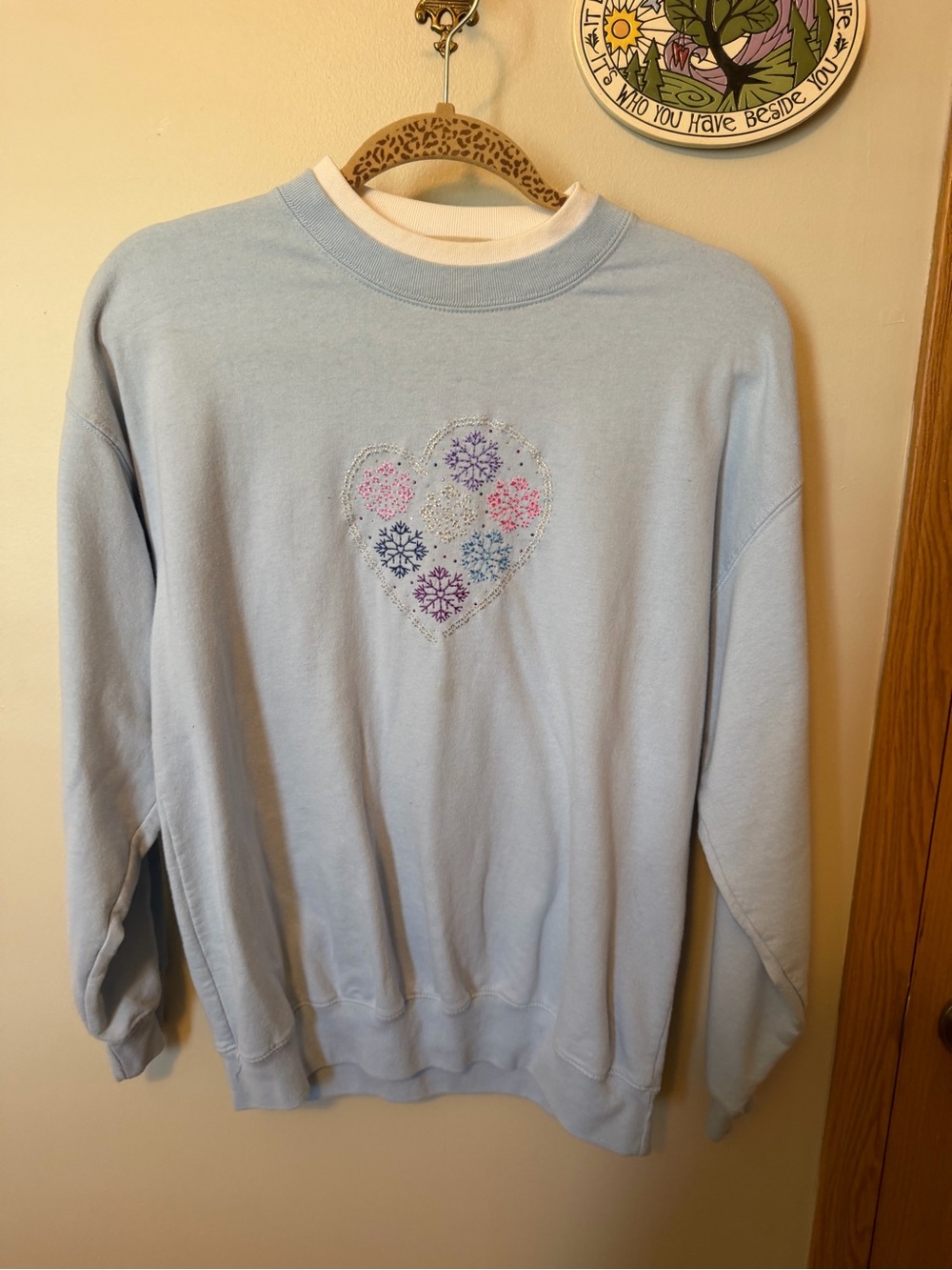 Light Blue Crewneck Sweater with Heart Snowflake Embroidery